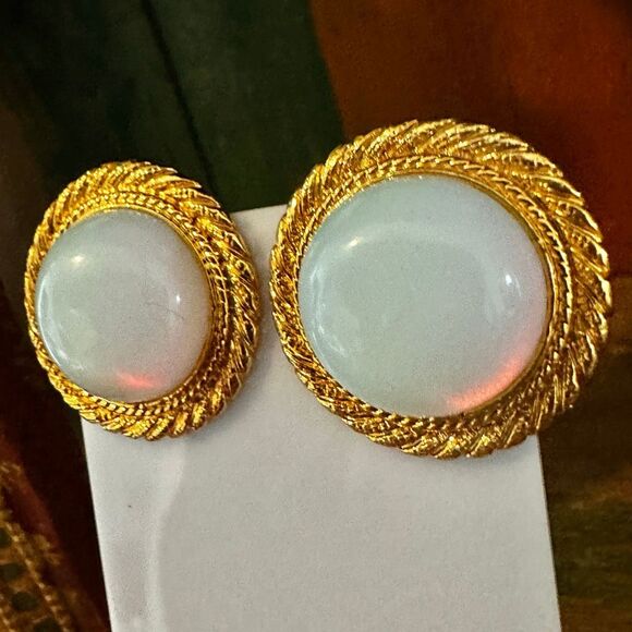 Birch Hill Gold-Tone Clip-On Earrings with White Domes - Picture 4 of 6